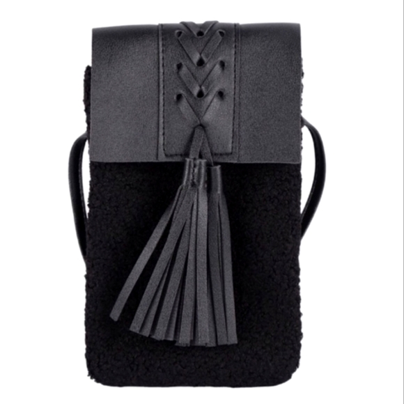 Handbags - NWT Black faux leather, sherpa crossbody cell phone carrier
